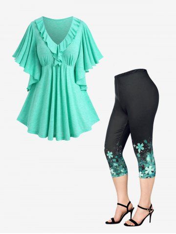 Flounce Butterfly Sleeves Tee and Floral Print Capri Leggings Plus Size Outfits - LIGHT GREEN