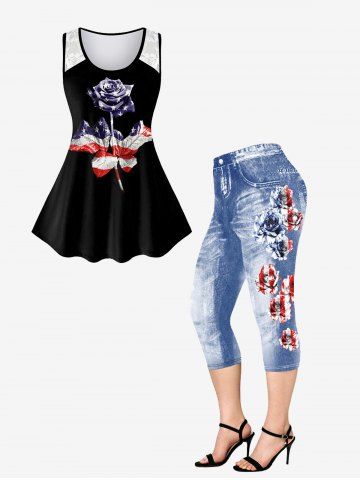Lace Panel American Flag Rose Print Tank Top and 3D Jeans Rose Printed Leggings Plus Size Summer Outfit