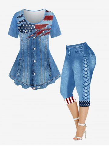 3D Jeans American Flag Printed Tee and Leggings Plus Size Outfit - BLUE