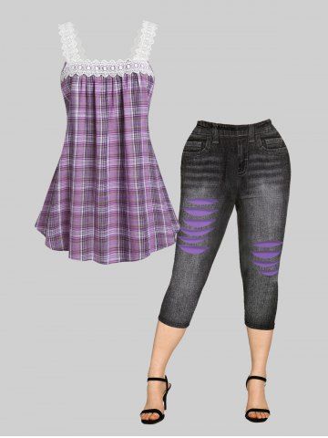 Lace Strap Pleated Plaid Tank Top and 3D Ripped Jeans Printed Leggings Plus Size Summer Outfit - PURPLE