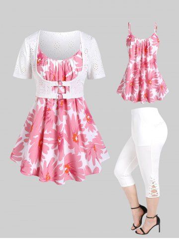 Broderie Anglaise O-ring Cropped Top and Flower Printed Cami Top Set and Leggings with Pockets Plus Size Outfit