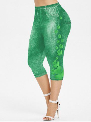 Plus Size St. Patrick's Day 3D Clover Print Capri Jeggings - GREEN - 2X | US 18-20