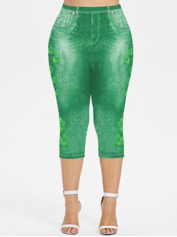 Plus Size St. Patrick's Day 3D Clover Print Capri Jeggings