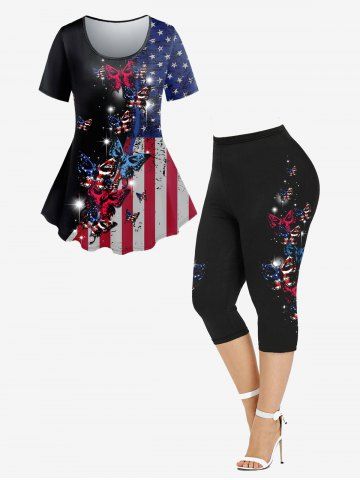 Gothic Butterfly Patriotic American Flag Print T-shirt And Gothic American Flag Butterfly Print Capri Leggings Gothic Outfit - BLACK