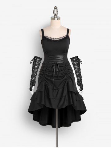 Plus Size Lace-trim Lace-up Layered Ruffled Cinched Ruched Sleeveless Midi Dress And Long Lace Lace-up Half Finger Gloves Gothic Outfit - BLACK