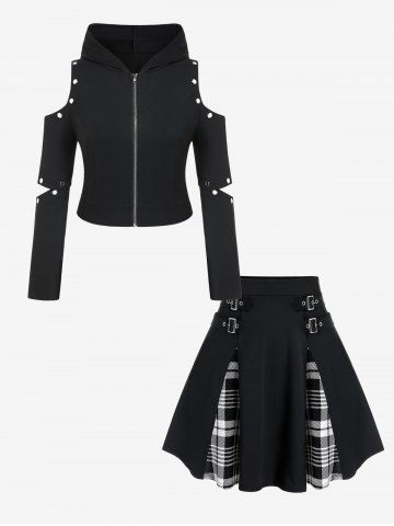 Gothic Grommets Cutout Cold Shoulder Zip Up Hoodie And Plus Size Gothic Plaid Buckles High Waisted A Line Mini Skirt Gothic Outfit