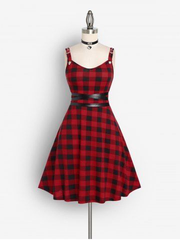 Plaid Crisscross Backless Buckles Straps A Line Sleeveless Dress And Adjustable PU Leather Heart Choker Gothic Outfit - RED
