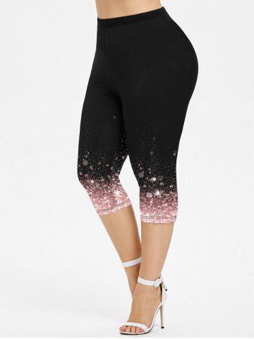 Plus Size 3D Sparkles Glitter Printed Capri Leggings - Light Pink - 2x | Us 18-20