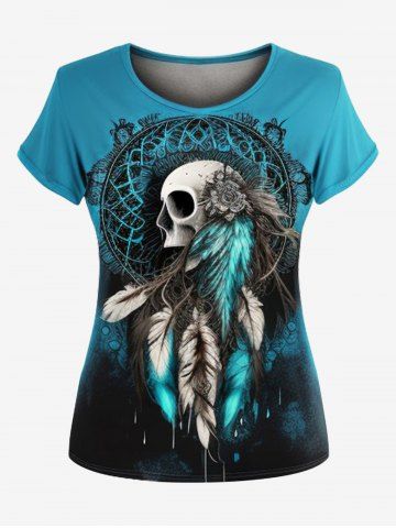 Gothic Skull Feather Print Tie Dye T-shirt - BLUE - L