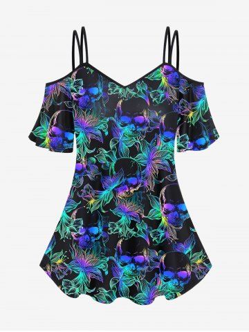 Gothic Skull Flower Print Cold Shoulder T-shirt