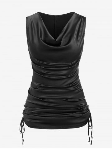 Plus Size Cinched Ruched Cowl Neck Satin Tank Top - BLACK - 1X | US 14-16
