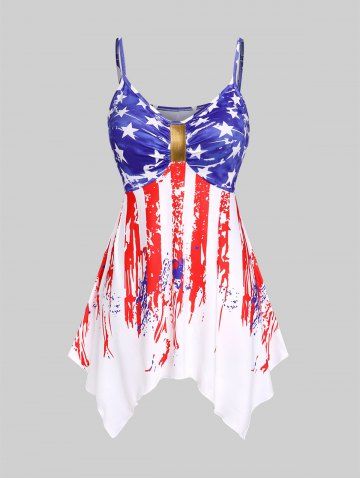 Plus Size Handkerchief Ruched Patriotic American Flag Cami Top - WHITE - L | US 12