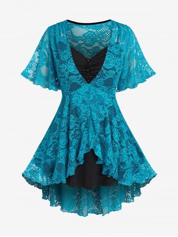 Plus Size Ruched Camisole and Lace Ruffle Butterfly Sleeve Top - BLUE - 1X | US 14-16