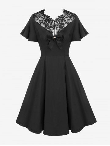 Gothic Lace Panel Bow Pleated Detail Flutter Sleeve Dress - BLACK - 3X | US 22-24