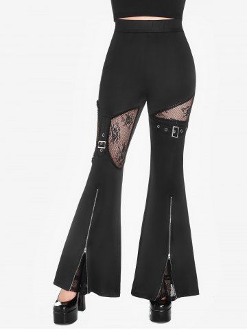 Gothic Lace Panel Buckle Zip Print Bell Bottom Pants