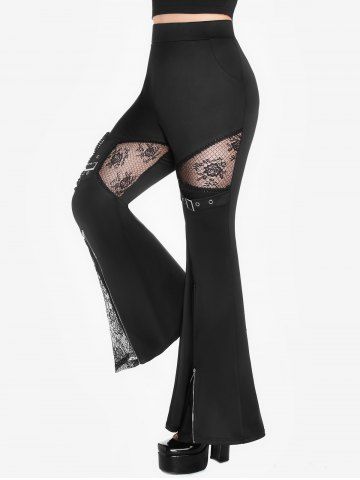 Gothic Lace Panel Buckle Zip Print Bell Bottom Pants - BLACK - 4X | US 26-28