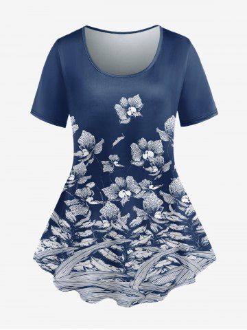 Plus Size Flower Printed Short Sleeves Tee - DEEP BLUE - L | US 12