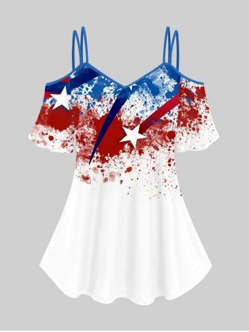 T-shirt Drapeau Américain Imprimé Peinture Eclaboussée à Epaule Dénudée de Grande Taille - BLUE - L | US 12