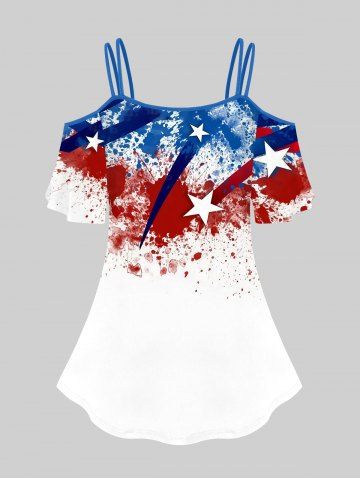 Plus Size  Paint Splatter Patriotic American Flag Printed Cold Shoulder Tee