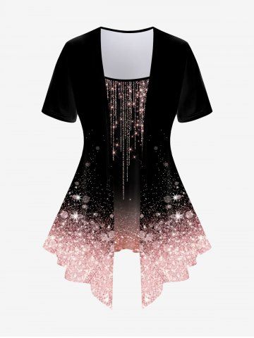 Plus Size 3D Sparkles Light Beam Printed Short Sleeves 2 in 1 Tee - LIGHT PINK - L | US 12