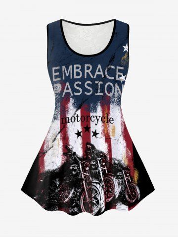 Plus Size Distressed American Flag Motorcycle Graphic Lace Panel Tank Top - BLACK - L | US 12