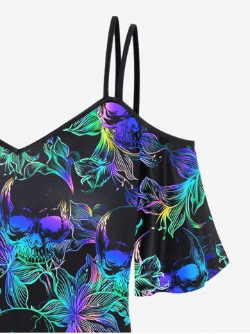 Gothic Skull Flower Print Cold Shoulder T-shirt
