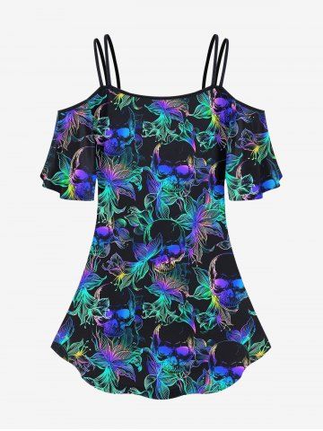 Gothic Skull Flower Print Cold Shoulder T-shirt