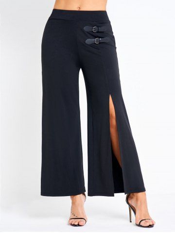 Pantalon à Bretelle Bouclée Jambe Large à Fente Haute - BLACK - S