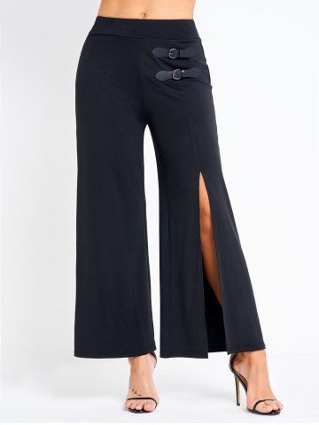 High Slit Buckle Straps Wide Leg Pants - BLACK - XXL