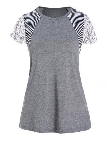 Heather Striped Flower Print Round Neck Short Sleeve T Shirt - GRAY - S