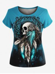 Gothic Skull Feather Print Tie Dye T-shirt -  