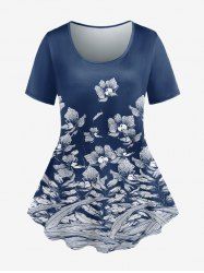 T-shirt Fleur Imprimée à Manches Courtes de Grande Taille - Bleu profond 4X | US 26-28