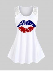 Plus Size Patriotic Lip American Flag Printed Lace Panel Tank Top -  