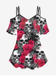 T-shirt Gothique Rose Crâne et Toile D'Araignée Imprimés à Epaule Dénudée - Rouge 5x | US 30-32