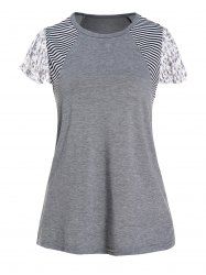 Heather Striped Flower Print Round Neck Short Sleeve T Shirt -  