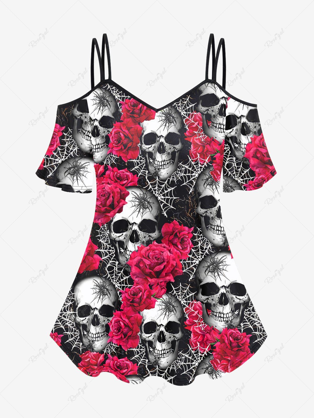 T-shirt Gothique Rose Crâne et Toile D'Araignée Imprimés à Epaule Dénudée Rouge 5x | US 30-32