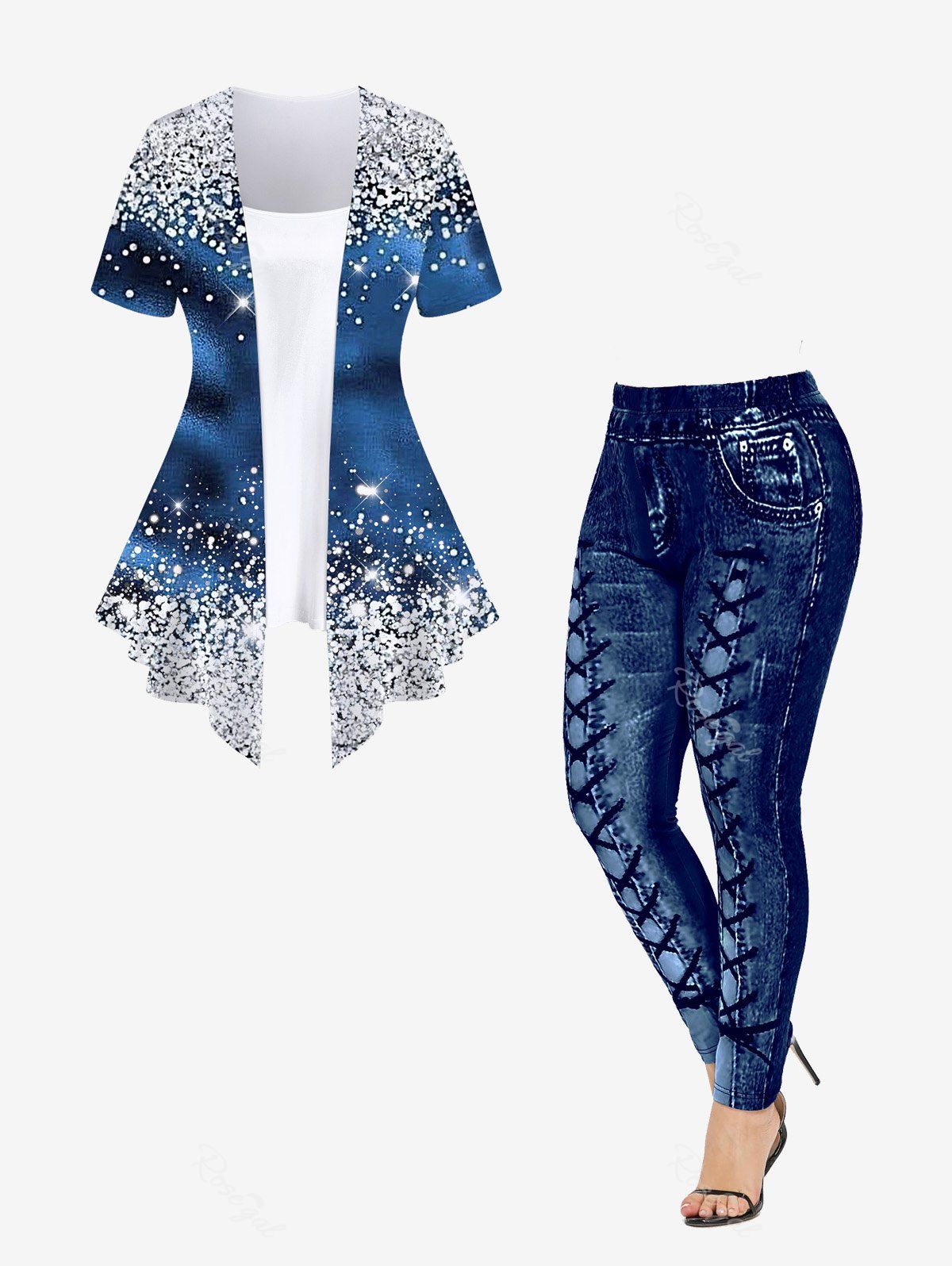 Hot Sparkly Print Asymmetrical 2 In 1 Top and 3D Denim Printed Leggings Plus Size Outfits  