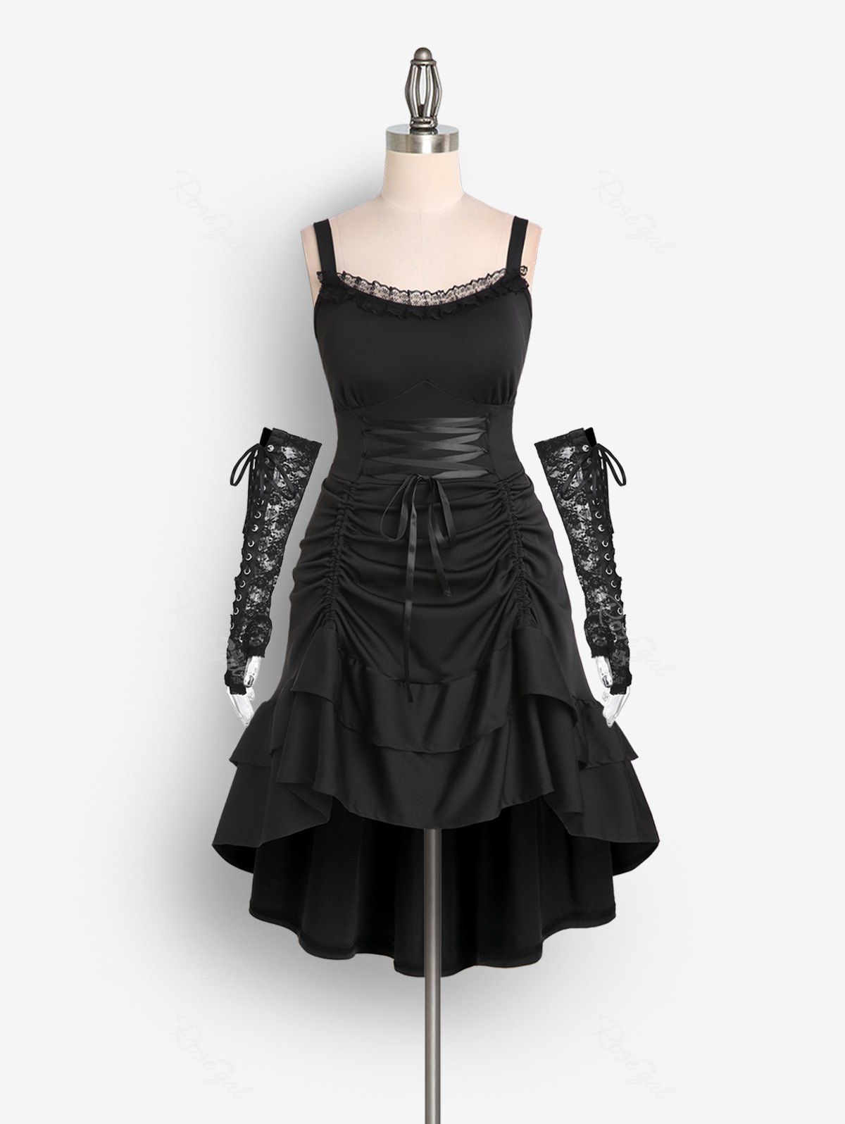 Best Plus Size Lace-trim Lace-up Layered Ruffled Cinched Ruched Sleeveless Midi Dress And Long Lace Lace-up Half Finger Gloves Gothic Outfit  