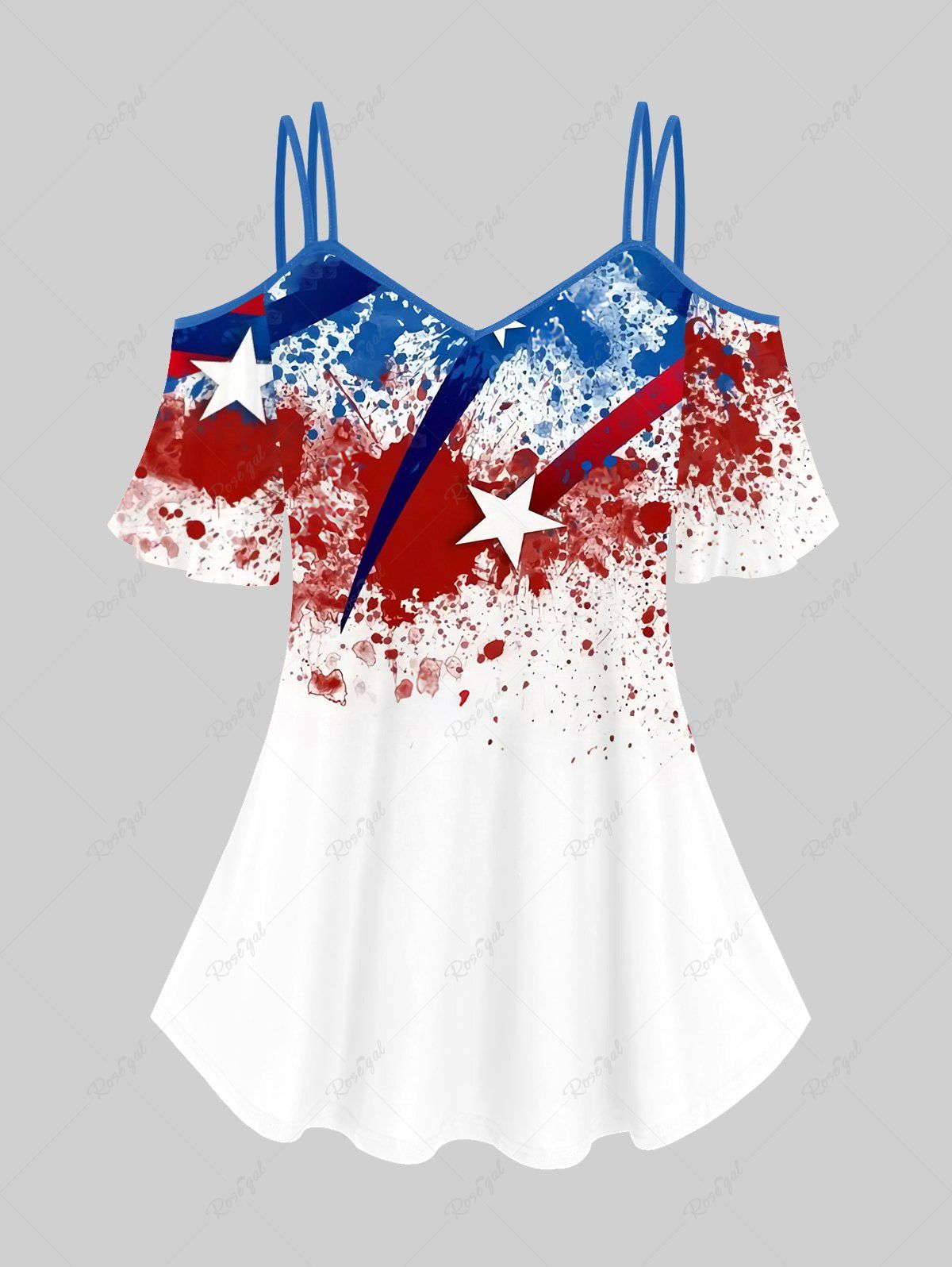 T-shirt Drapeau Américain Imprimé Peinture Eclaboussée à Epaule Dénudée de Grande Taille Bleu 4X | US 26-28