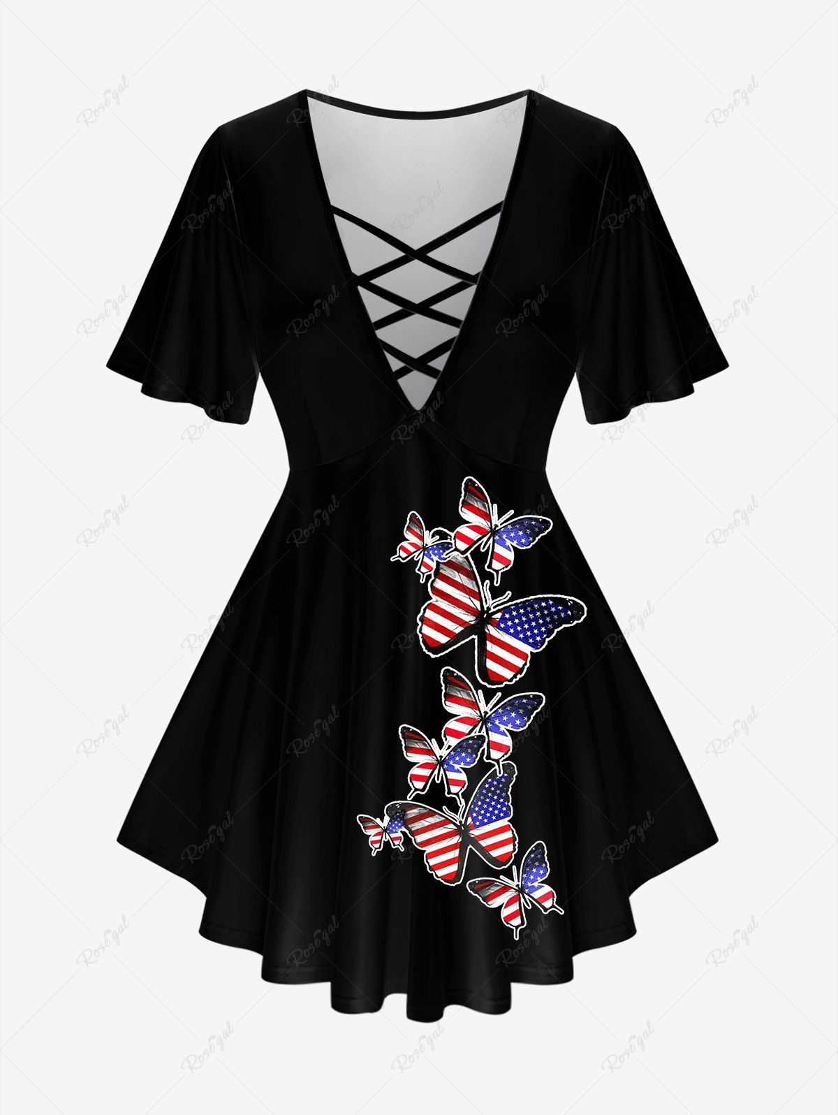 T-shirt Drapeau Américain et Papillon Imprimé Patriotique de Grande Taille Noir 5x | US 30-32