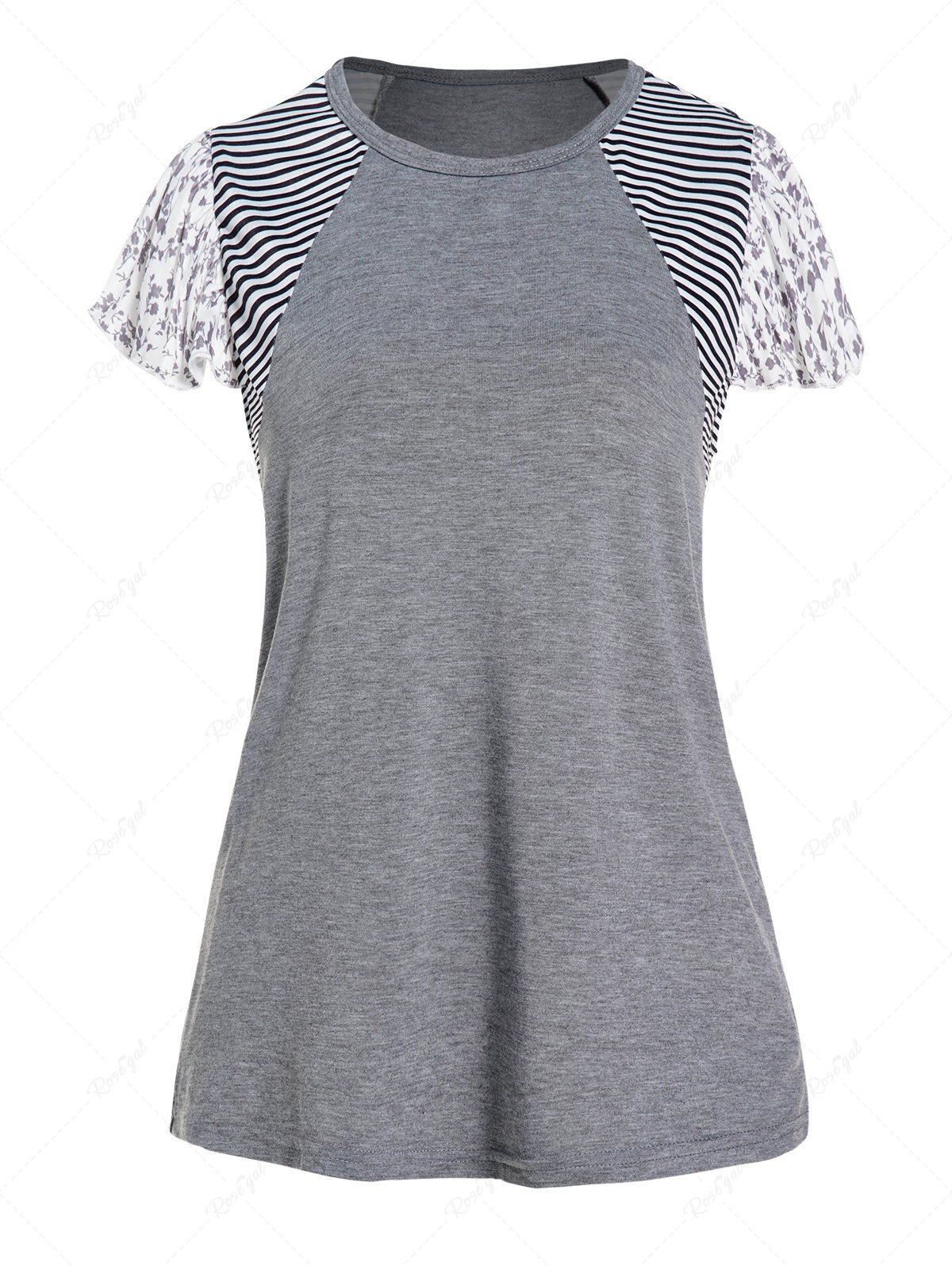 Cheap Heather Striped Flower Print Round Neck Short Sleeve T Shirt  