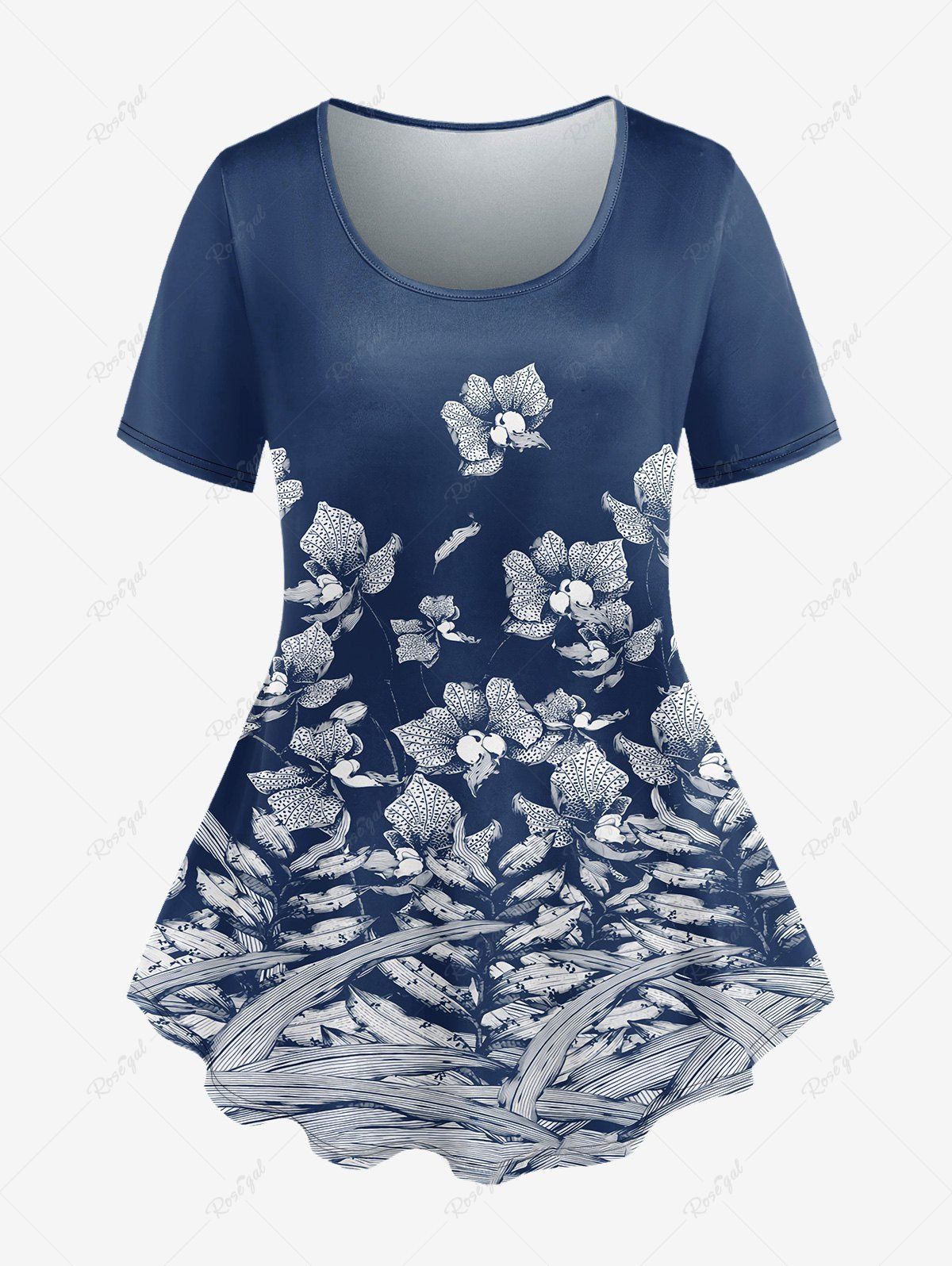 T-shirt Fleur Imprimée à Manches Courtes de Grande Taille Bleu profond 4X | US 26-28