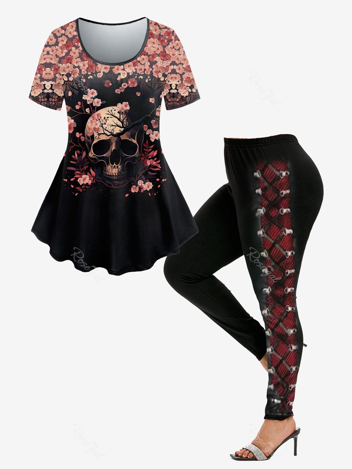 New Gothic Floral Skull Print Short Sleeve T-shirt And Gothic 3D Printed Leggings Gothic Outfit  