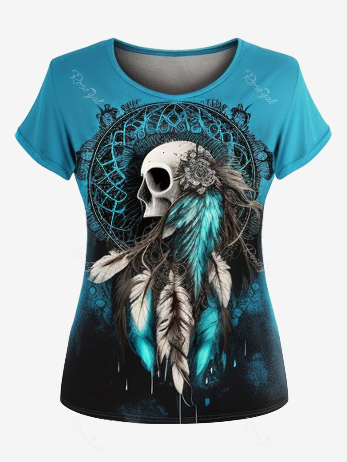 T-shirt Tie-Dye Gothique Crâne Plume Imprimée Bleu 6XL