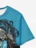 T-shirt Tie-Dye Gothique Crâne Plume Imprimée - Bleu 6XL