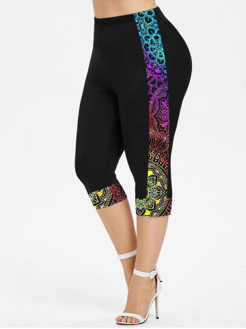 Plus Size Ethnic Printed Skinny Capri Leggings - BLACK - 4X | US 26-28
