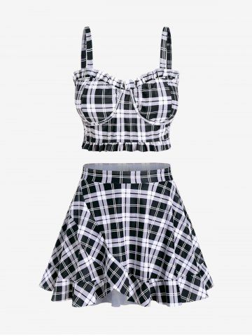 Plus Size Ruffles Flounce Padded Plaid Three Piece Skirt Tankini Swimsuit - BLACK - M | US 10