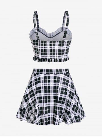 Plus Size Ruffles Flounce Padded Plaid Three Piece Skirt Tankini Swimsuit