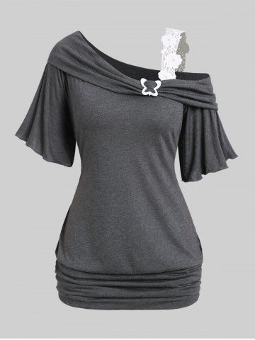 Plus Size Skew Neck Lace Panel Ruched Flutter Sleeves Tee - GRAY - M | US 10