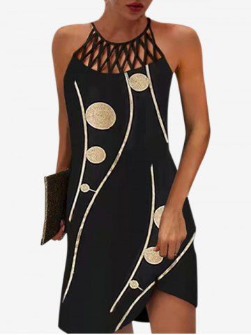 Plus Size Crisscross Caged Cutout Glitter Print Cami Dress - BLACK - L